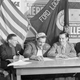 Seven of the eight UAW members whose discharge by the Ford Motor Company precipitated the River Rouge plant strike, met on April 7, 1941, at union headquarters.